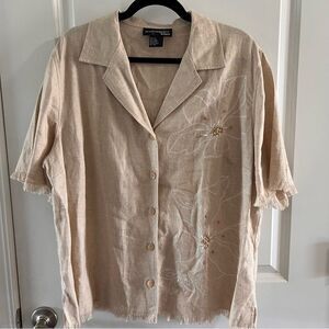 Requirements Boho Linen Blend Button Down Top Fringe Embroidered Beaded Curvy 1X